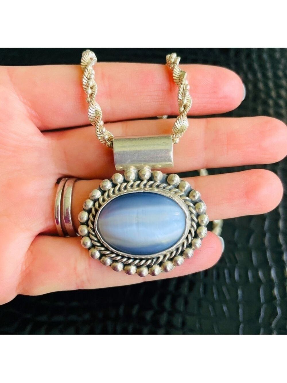 Grey Cat’s Eye Chrysoberyl Vintage Sterling Silver Dotted Pendant Chain …